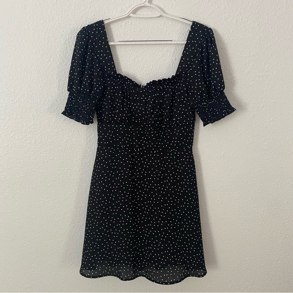 Rixxi black and white ruched polka dot mini cocktail dress size S short sleeve